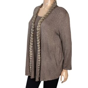 Chicos Portia Cardigan Twinset Faux Fur Trim Womens Size Medium Brown Studded